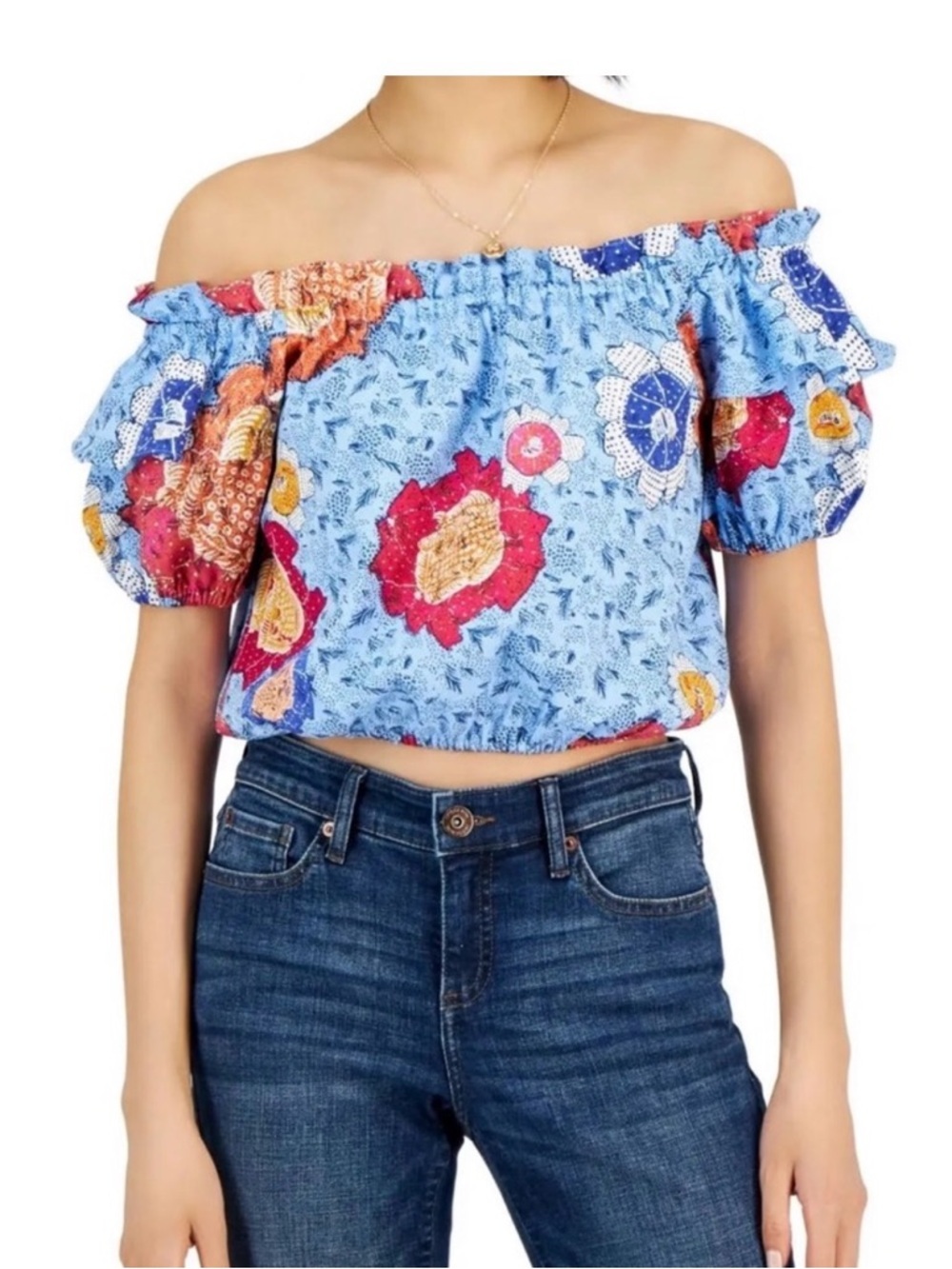 Inc International Concepts Off-the-Shoulder Blue Floral Crop Top, Size L, NWOT